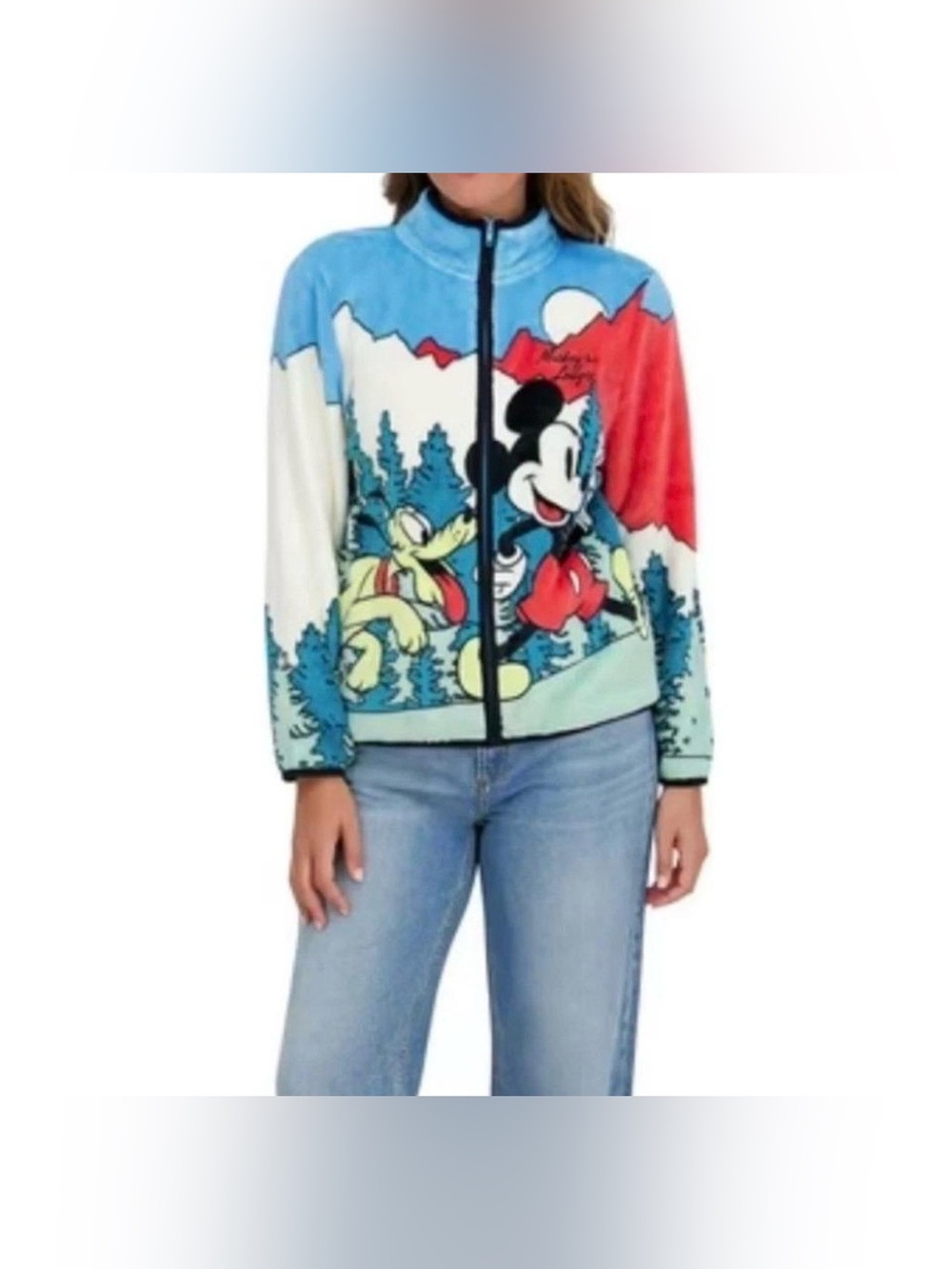 NWT Disney Mickey Mouse & Pluto "Mickey's Lodge" Scenic Fleece Jacket Small